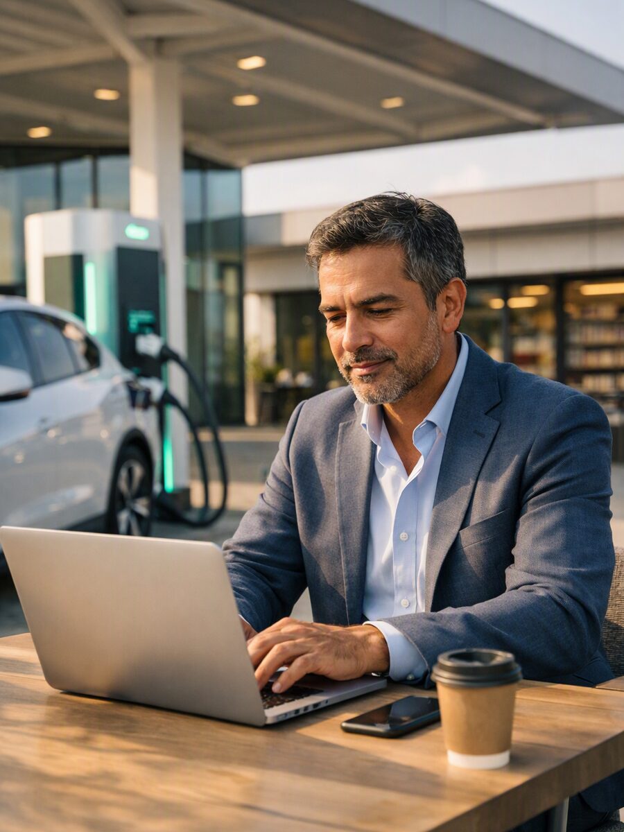 Executivo trabalhando enquanto o carro recarrega