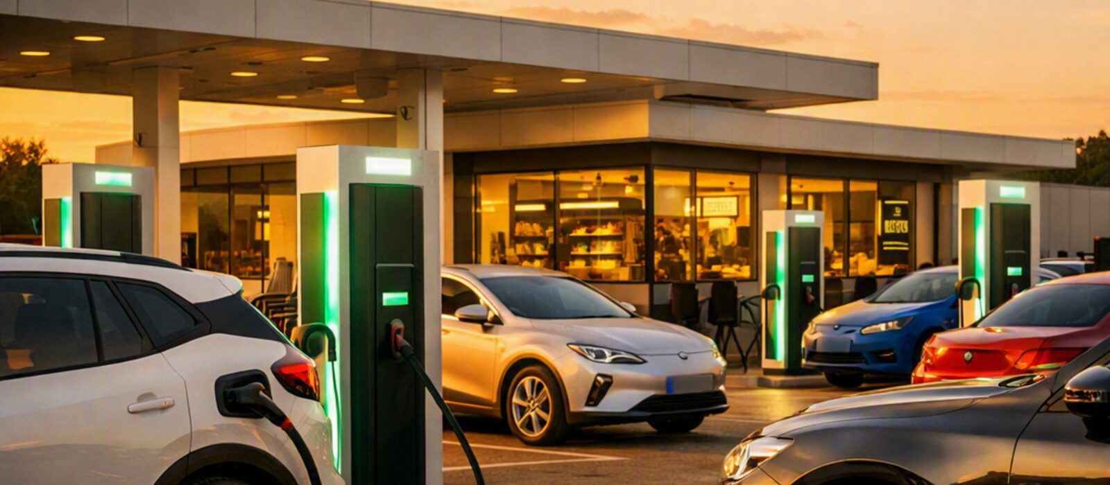 Hub Rota BR 101 com múltiplos veículos carregando ao entardecer